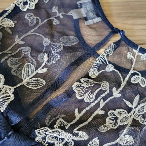 Beige by ECI Embroidered Tulle Illusion Midi Dress in Black Navy - Picture 9 of 13